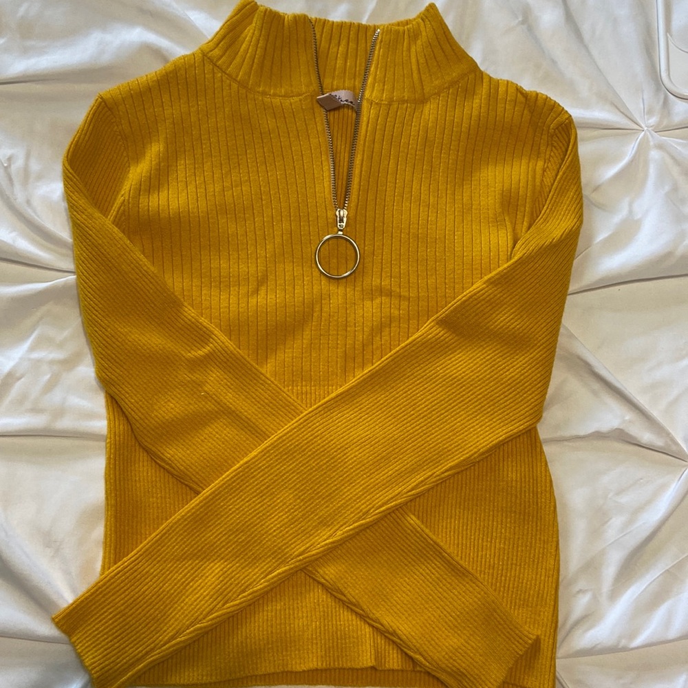 Womens Yellow Mock Neck Half Zip Sweater